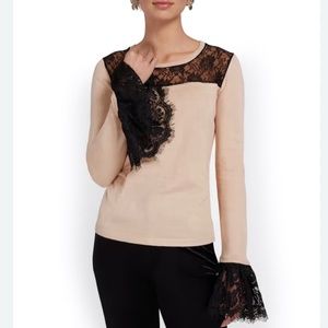 New York @Company long sleeve Sand beige black Lace Accent Top  SZ L